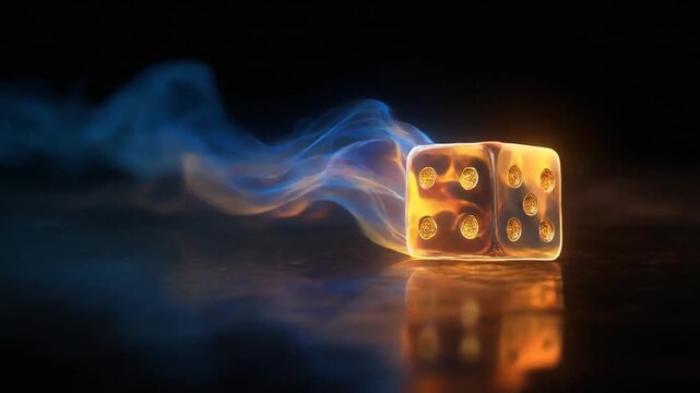 Illuminated translucent dice rolling on a reflective surface, with trailing smoke and a dark backdrop
