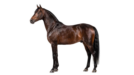 Majestic dark brown horse standing in profile, an elegant equine animal isolated on transparent background, perfect for design PNG © Hans