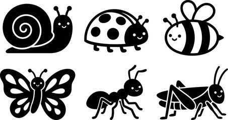 Cute simple black and white vector icons of smiling snail ladybug bee butterfly ant and grasshopper illustrated in flat design style