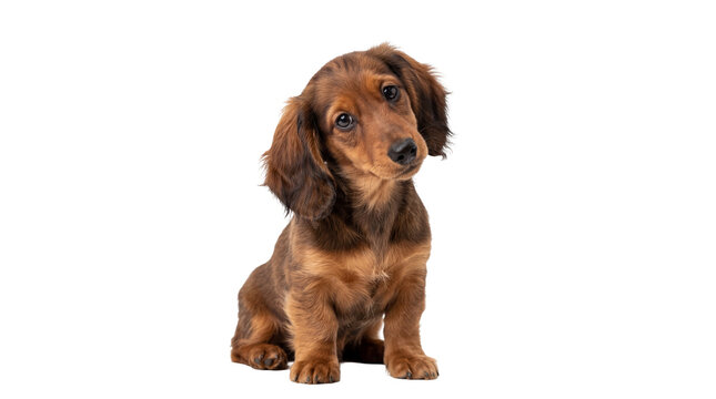 Cute long-haired dachshund puppy with expressive eyes and brown fur, sitting calmly, isolated PNG on transparent background, a delightful pet