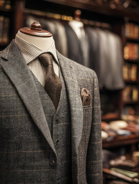 Elegant tailored three-piece wool suit displayed on mannequin in classic menswear boutique with blurred suits and rich wooden shelves background