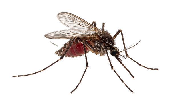 Detailed macro view of a female mosquito with a blood-filled abdomen, a common insect pest, isolated PNG on transparent background