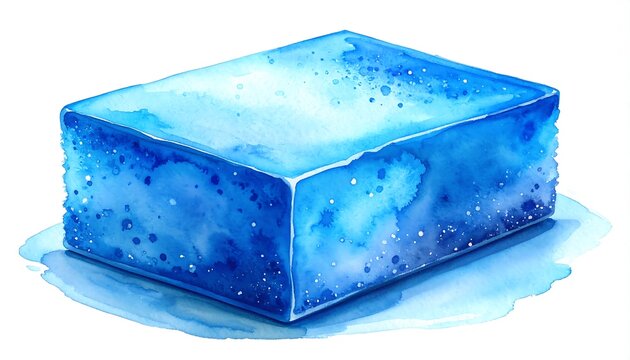 Watercolor Illustration of a Blue Ice Cube on White Background.