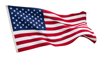 Fototapeta premium Waving American flag with vibrant red, white, and blue colors, featuring stars and stripes, gracefully unfurled and isolated, a patriotic symbol for national holidays and events PNG