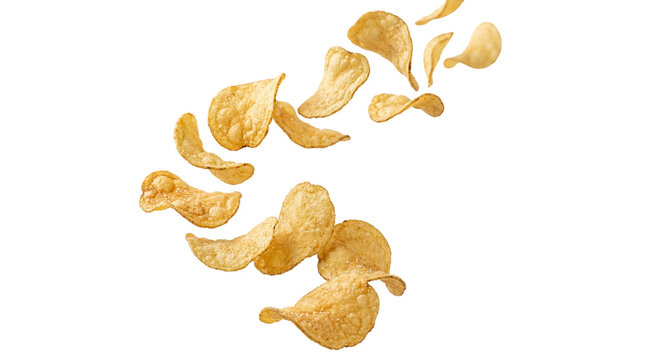 Crispy golden potato chips falling and flying in motion, perfectly isolated PNG on a transparent background, delicious salty snack food