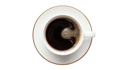 Top view of a classic white ceramic coffee cup with gold rim, filled with dark black espresso, isolated PNG on transparent background, perfect for morning beverage concepts