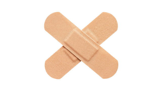 Two crossed adhesive bandages, skin-colored fabric texture, medical first aid supply for wound protection, isolated on transparent background PNG