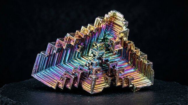 Macro photography of bismuth crystal with rainbow iridescent staircase structure on dark background, grown crystal concept for science brand or premium collectors editorial, no people