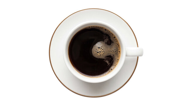 Top view of a classic white ceramic coffee cup with gold rim, filled with dark black espresso, isolated PNG on transparent background, perfect for morning beverage concepts