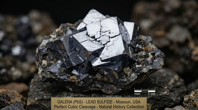 Macro photography of galena lead sulfide mineral with perfect cubic cleavage and bright metallic luster, geological specimen concept for natural history brand or science editorial, no people