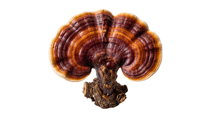 Vibrant Ganoderma lucidum, or Reishi mushroom, showcasing its distinctive banded cap and woody stem, isolated PNG, a powerful medicinal fungus © Hans