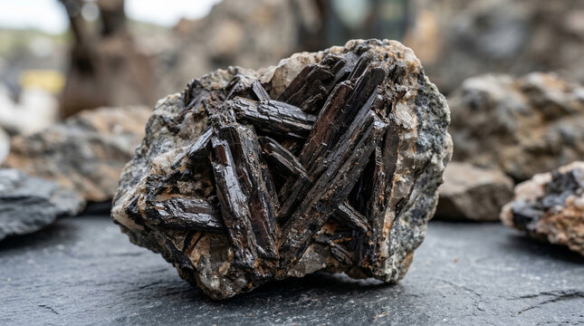 Macro photography of wolframite tungsten ore with dark brown metallic surface and blade-like crystals, rare metal concept for industrial brand or mining editorial, no people