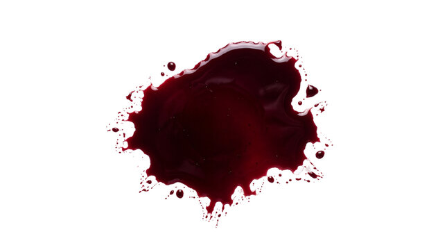 Dark red blood splatter puddle, viscous liquid stain with irregular shape and small drips isolated PNG, perfect for medical or horror design projects