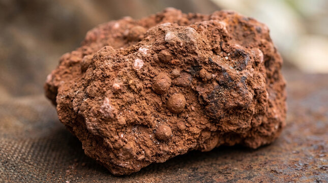 Macro photography of raw bauxite aluminum ore with reddish-brown granular texture, critical material concept for metals industry brand or mining editorial, no people