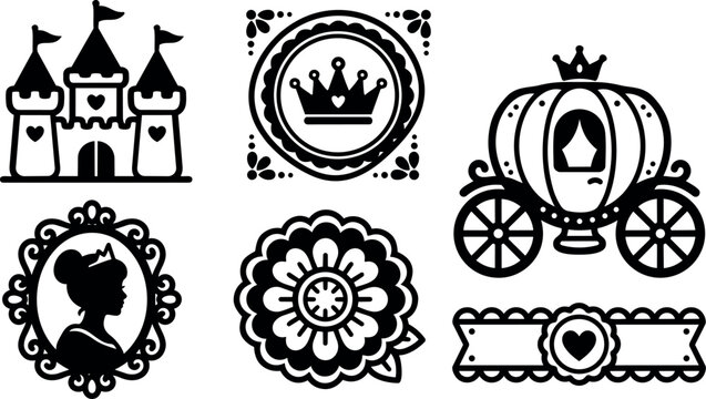 Black silhouette set of royal castle crown princess carriage floral badge and heart emblem vector art design