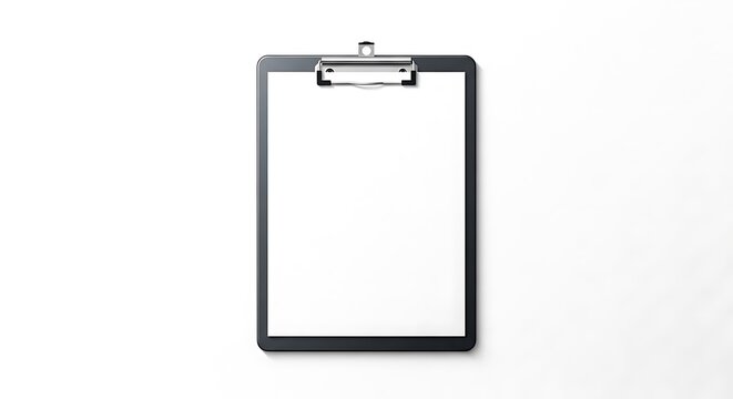 Isolated overhead view of a modern clipboard with a blank white paper sheet, against white background