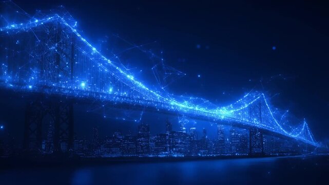 A glowing bridge in a futuristic cityscape, with connected blue dots, highlighting its structure