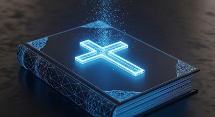 Lit up book with a cross outline, emanating particles. Dark background