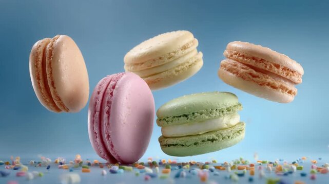 Colorful macarons floating with sprinkles against a gradient blue backdrop