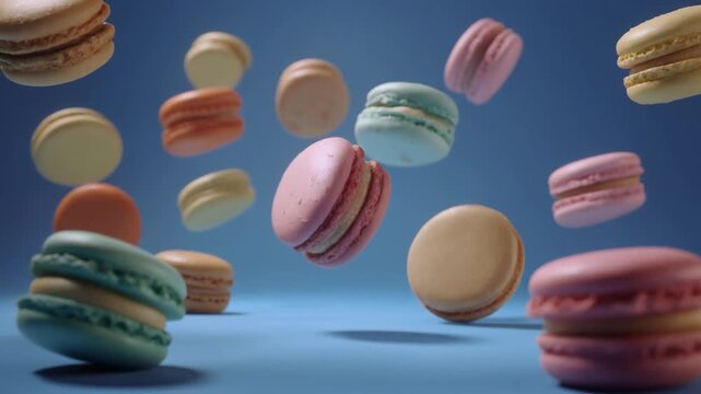 Colorful macarons falling against blue backdrop for culinary concept