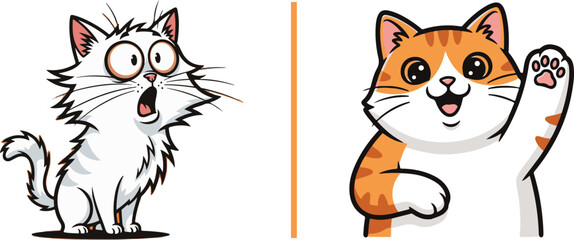 Obraz premium Split vector illustration: on the left, a scruffy white cat looks shocked and startled; on the right, a friendly orange tabby smiles and waves a paw.