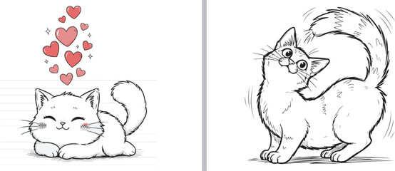 Charming vector illustrations featuring a happy white kitten surrounded by red hearts and a playful cat twisting to look at its fluffy tail. Sweet, expressive, and minimalist feline art.