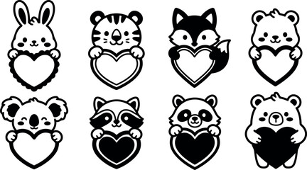 Fototapeta premium Cute animal characters holding heart shapes in black and white vector line art style with simple minimalistic design for valentines day cards