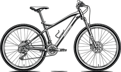 Modern Mountain Bike Illustration Featuring Hardtail Frame Suspension Fork And Disc Brakes Isolated Black Line Art For Outdoor Sports Design © MDANWORUL