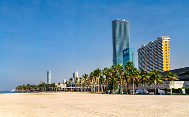Modern skyscrapers and lush palm trees along the sandy Jeddah waterfront under a clear blue sky in Saudi Arabia