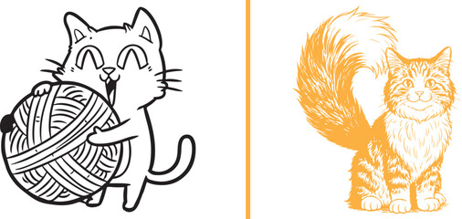 Vector illustration of two happy cats: a simple line-art kitten hugging a large ball of yarn and a detailed, fluffy orange tabby sitting contentedly. A playful and warm feline duo. © Nur