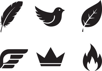 Silhouette icons of feather bird leaf flame crown and letter f