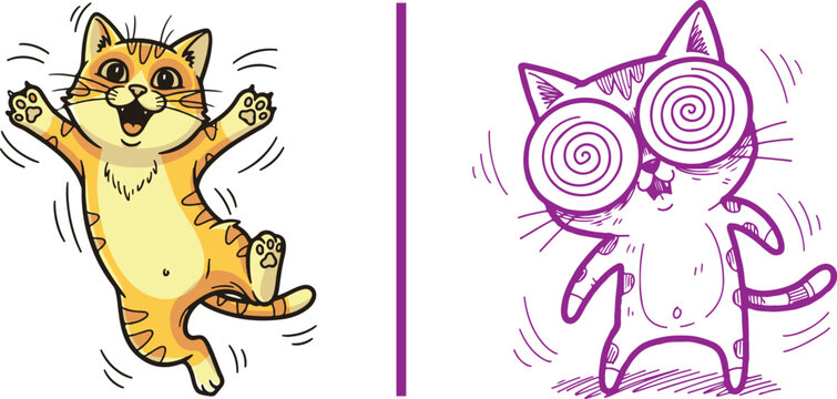 Vector illustrations of a joyful orange tabby cat jumping and a dizzy purple line art cat with hypnotic spiral eyes. A fun contrast between high energy and a comical dazed state.