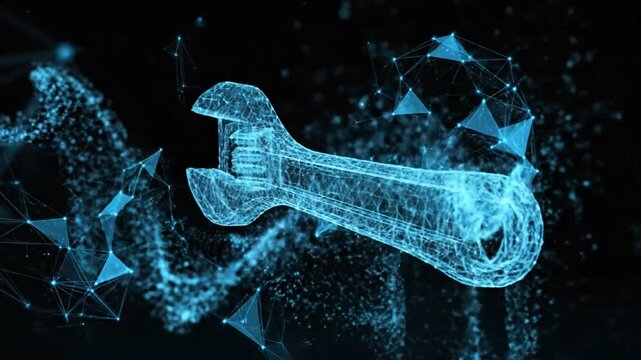 Digital image featuring a glowing wrench shape with connected lines and points on a dark background