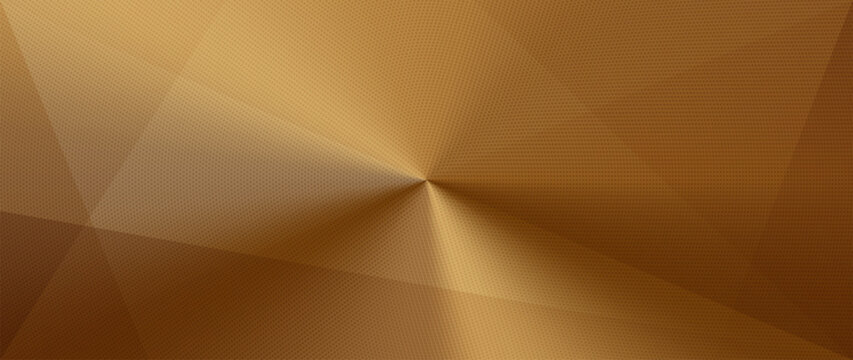 Abstract gold radial gradient background with textured metallic shine, transparent triangle shapes. Smooth circular light transitions. Luxury brown backdrop for banners, certificates, premium design