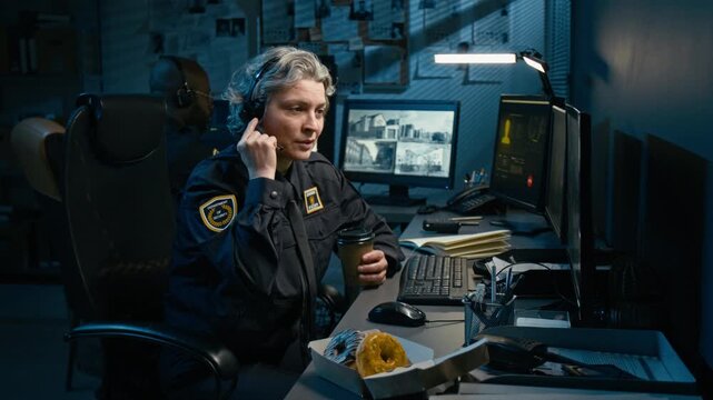 Side view shot of grey haired mature female dispatcher at police station and drinking coffee during night shift while answering calls via headset