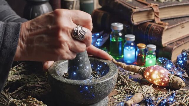 Hand grinds herbs in mystical setting