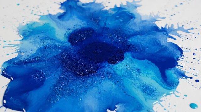 Dynamic blue paint splash exploding upwards against white background, high speed shot.