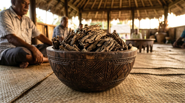 Hand-carved wooden Tanoa bowl brimming with dried kava roots for traditional island ceremony