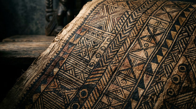 Intricate geometric patterns adorn a textured tapa cloth textile, showcasing ancient cultural artistry