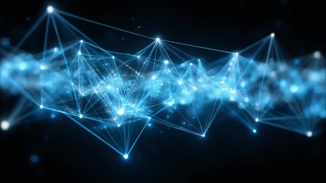 Illuminated interconnected network of glowing blue lines and nodes on a dark background