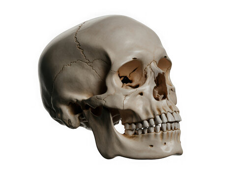 Detailed view of a human skull showcasing facial bone structure and teeth alignment