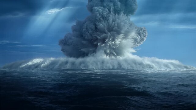 A massive explosion occurs in the ocean creating a huge wave and smoke.