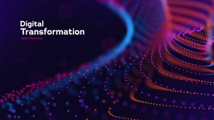 Obraz premium Futuristic Digital Data Visualization With Glowing Particle Wave And Technology Concept For Network, AI And Innovation. Digital Connections. Vector Illustration.