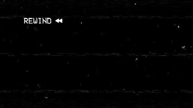 Rewind static noise on black screen with word rewind. Suitable for music videos, retrothemed projects, vintage video intros, and podcast visuals.