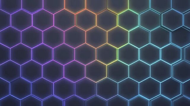 A 3D rendered hexagonal tile pattern with color gradients across the geometric surface
