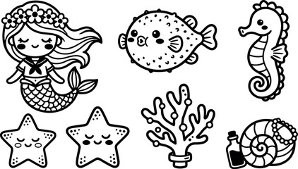 Fototapeta premium Cute kawaii mermaid with flower crown and waving hair starfish sea creatures coral shell bottle cartoon vector art