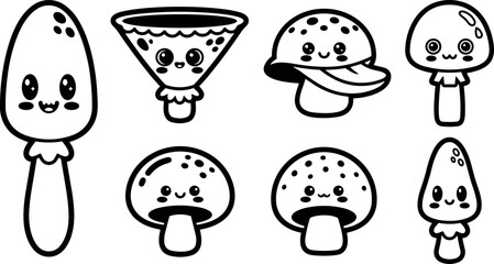 Naklejka premium Cute kawaii style vector set of smiling mushrooms with various adorable faces in simple black line art design