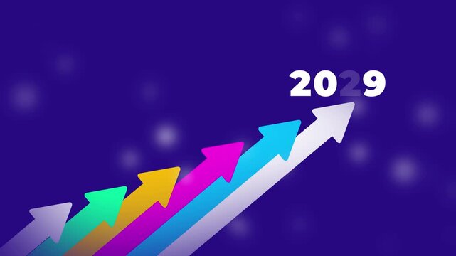 Colorful Arrows Pointing Upward to 2029 on Purple Background Representing Growth and Progress
