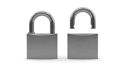 Fototapeta premium Two silver padlocks, one open and one closed, on a white backdrop