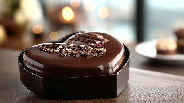 Isolated heart-shaped chocolate box, Valentine's Day candy container, romantic sweet gift, love celebration treat, festive chocolate packaging, holiday dessert present, defocused